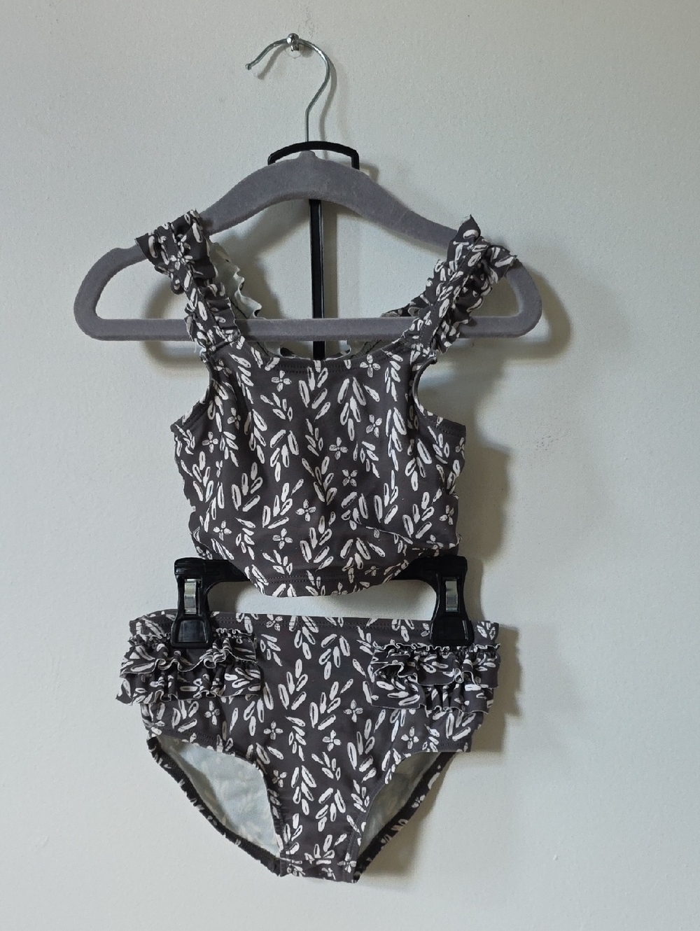 Girls Two-Piece Ruffle Swimsuit in Charcoal with White Leaf Print, 24M